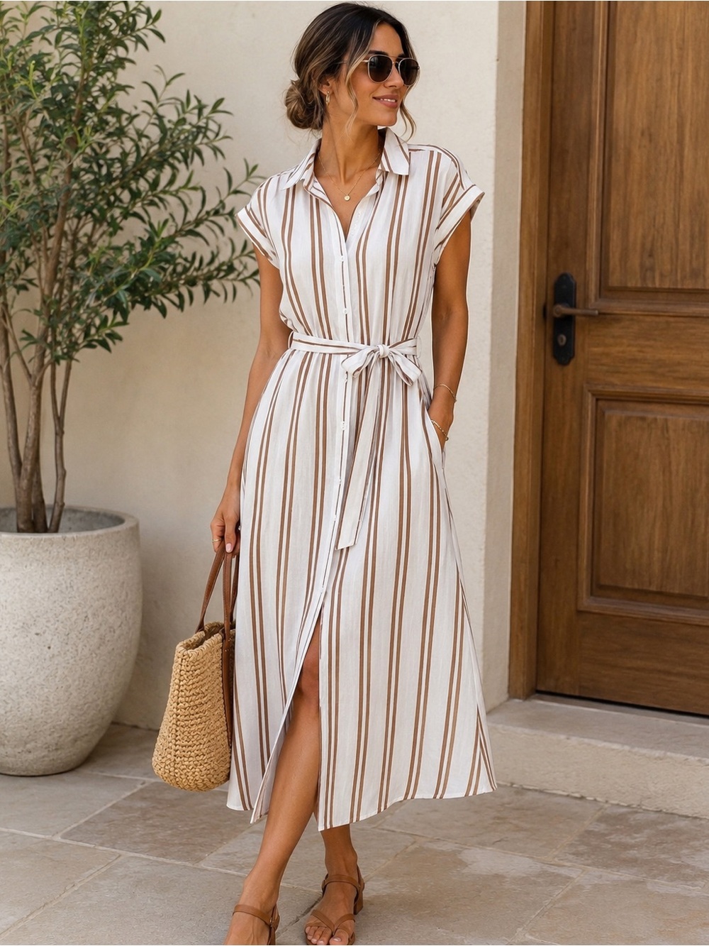 Cato 100% Cotton Striped Shirt Dress Belted Midi Dress Pockets Size L